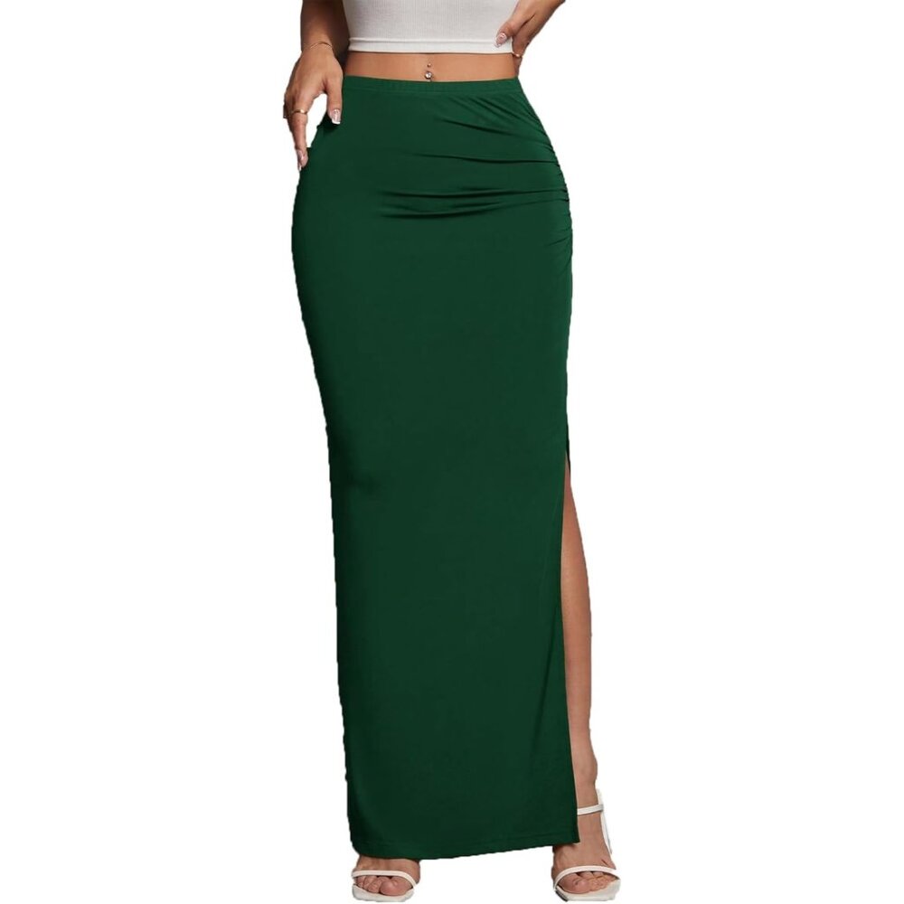 Women's Green Ruched Side Slit Thigh Elegant Bodycon Pencil Chic Maxi Skirt